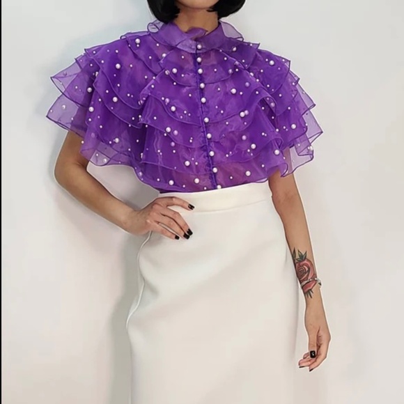 N By Nancy Tops - # A014   NANCY Purple Organza Top with Pearl Embellishment  NWT  M